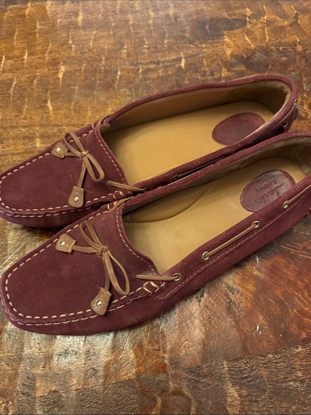 Clarks Burgundy Suede Moccasin Flats with Leather Trim